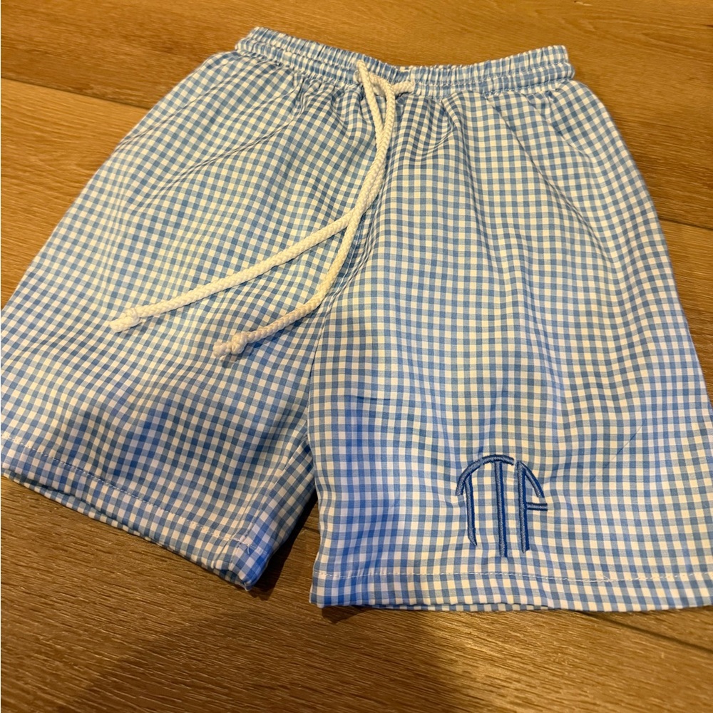 Kids Blue Gingham Swim Trunks
